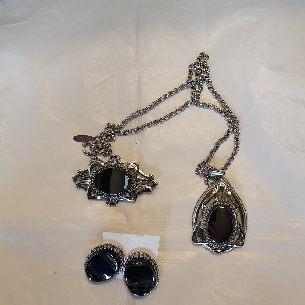 Vintage Whiting Davis Hematiti Demo Paiure Necklace, Pin and Pierced earring set